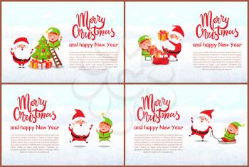 Merry Christmas and Happy New Year greeting card. Santa and elf decorating xmas tree, put presents in sack, jumping of happiness and riding sleigh