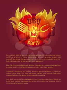 Hot bbq grill party leaflet fork and paddle, spatula and flame sparkles. Vector poster burning badge, text sample. Barbeque metal grill with coals
