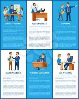 Business and work, boss and employees. Meeting and break, dismissal and working order, phone negotiations and job interview vector illustrations.