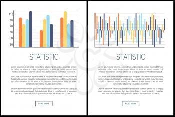 Statistic webpages and text sample, visual data presentation vector. Infographics and flowcharts, schemes with comparison tables and numeric scales