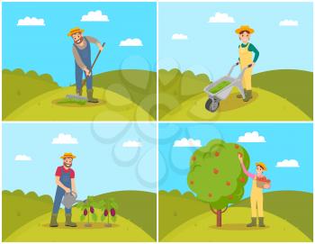 Farmer with compost trolley, male with rake on soil. Watering man with can reservoir and water for plants. Woman gathering fruit from tree vector