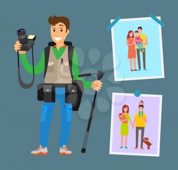 Smiling photographer with professional equipment camera gears and tripod. Example of cameraman content, family pictures of parents and children vector