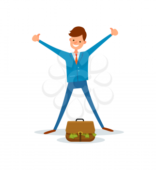 Cheerful worker get bag full of money. Manager stands near briefcase with green dollar banknotes , showing thumb up gestures, cartoon style character