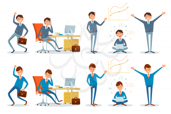 Business office worker talking on phone, businessman happy because of achievements vector. Successful boss with laptop, stretching hands present chart