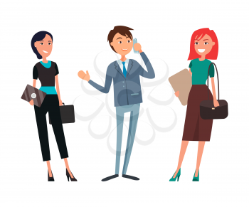 Businessman talking on phone, business women smiling holding tablets vector. Director solving issues with partners on cell, cooperation in team and teamwork