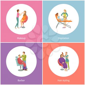Barber shop and makeup, wax depilation and hair styling modern comfortable furniture. Beauty salon and hairdressing cartoon banner set vector badges