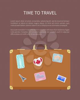 Time to travel poster with text and luggage vector. Baggage with stickers of countries flags landmarks of Germany and Italy. Berlin and Rome sights