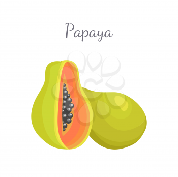 Papaya exotic fruit whole and cut vector isolated. Papaw or pawpaw Carica plant. Tropical food, similar to pear, dieting vegetarian grocery icon