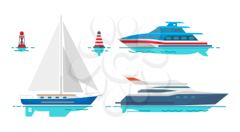 Modern motor yacht, white sailboat and small striped buoys isolated vector illustrations set on white background. Luxury vessels out in sea.