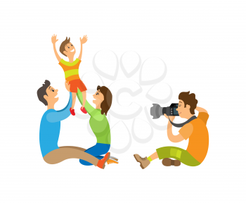 Family portrait, kid and parents. Photographer holding camera making photo of mother with father raising child above vector illustration isolated.