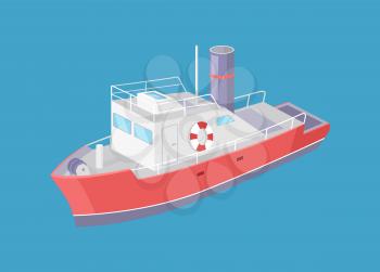 Steamboat marine transport vessel sailing in sea or ocean isolated on blue. Transportation sailboat with lifebuoy, speedboat floating vector icon