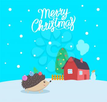 Merry Christmas greeting poster with text and urchin vector. House with decorated evergreen pine tree and fence. Hedgehog with decorative ball toys