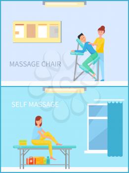 Massage chair and self massaging woman vector. Lady rubbing her leg, first aid to ankle, people helping themselves. Masseuse and client back treatment