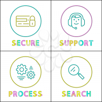 Flat line design concept for secure payment procedure. Operator search support and process consulting framed color icon set in linear style on white.