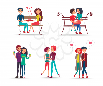 Concept of couples in love on white background. Pair of lovers sits on dark bench, cuddling and holds ice cream vector illustration