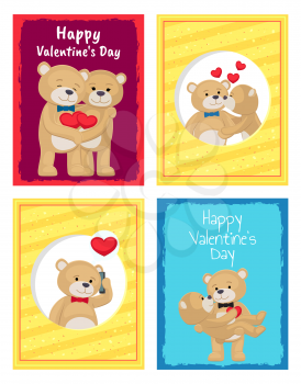 Happy Valentines day posters set teddy bears couple, female in paws of lovely male hold his heart, vector illustration of merry lovers animals isolated