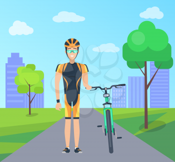 Male with bike in special uniform in city park vector illustration on background of skyscrapers. Man in helmet, protective glasses, stand near bicycle