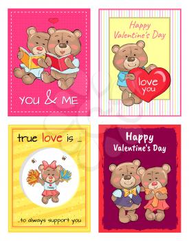 Happy Valentines Day to you and me, true love is always support, lovely teddy girl in cheerleading uniform and bears sit together and read book vector