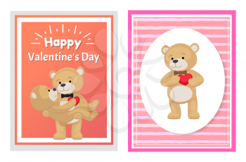 I love you and me teddy bears with heart sign vector illustration of stuffed toy animals, presents for Happy Valentines Day, cartoon posters. Female in paws of lovely male hold his heart