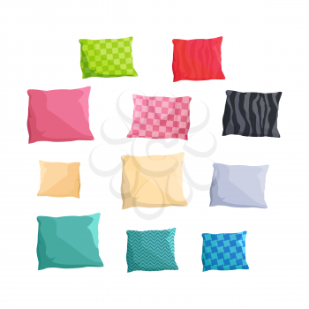 Decorative small cushions plain and with patterns and bright colors isolated vector illustration on white background. Stylish accessories for couch.