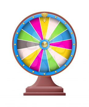 Fortune wheel with empty colorful sectors, gambling risky game of circular shape and pointer, vector illustration isolated on white background