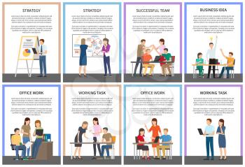 Strategy business idea office team work cards vector illustration with many busy employees with schedules plans and laptops, office stuff, text sample