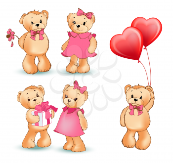 Teddy bear collection of objects, fluffy character with love letter, heart shaped toy, present with bow and flowers isolated on vector illustration