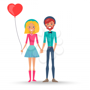 Couple in love in hats, boy and girl with heart shaped balloon vector illustration isolated on white. Dating young people holding hands