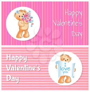 Happy Valentines day poster teddy girl holding bouquet of spring flowers in frame and male bear with I love you message vector greeting cards design