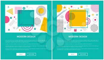 Modern design colorful banner vector illustration with lot of various geometric shapes, dots and circles, squares and triangle, text isolated on green