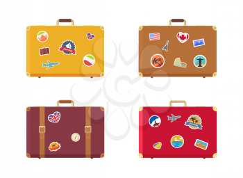 Time to travel set of suitcases with magnets souvenirs from USA France, Great Britain Italy Egypt Canada and southern countries vector illustration