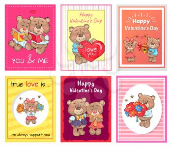 Posters set happy Valentines Day to you and me, true love is always support, lovely teddy girlfriends and boyfriends bears together read books vector
