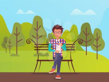 Person wearing squared shirt vector, man sitting in park on fine day. Summer forest with trees, hills and clear sky. Guy on nature holding gadget