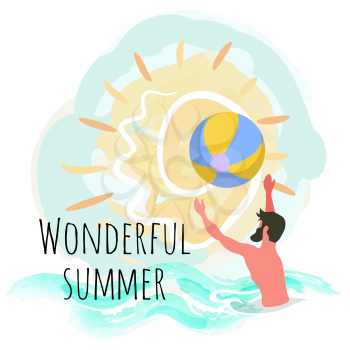 Wonderful summer, man playing ball in water, tossing and catching it, isolated vector label. Activity funny summertime. Side view of male with beard, splashing or training in pool