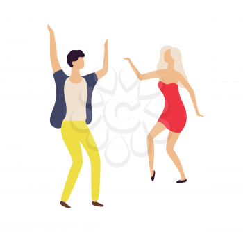 People leading active night life vector, man and woman dancing in club isolated. Couple having fun flat style, dancers jumping and moving in rhythm