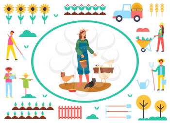 Agriculture and husbandry vector, woman feeding chicken, scarecrow and male wit instrument working on field, sunflower plantation, truck and trees