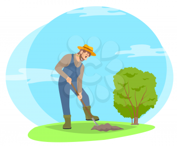 Farmer digging ground in garden vector cartoon icon. Man in straw hat and farming uniform working on farm with equipment, isolated on landscape badge