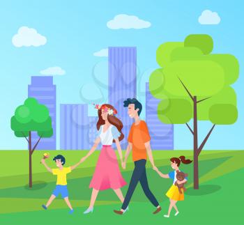 Family mother father son and daughter walking in urban city park with trees and buildings. Vector mom and dad, boy and girl spend time together outdoors