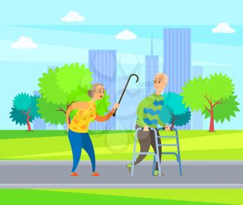 Elderly male vector, disabled man in green sweater looks back on angry old lady with wooden stick, quarrel between old people in city park with trees