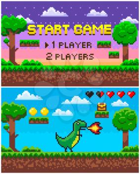 Pixel dinosaur character in game vector, dino with fire on scene. Angry villain and icons of coin and treasure box, evening place with nature and stars. Pixelated objects for app games