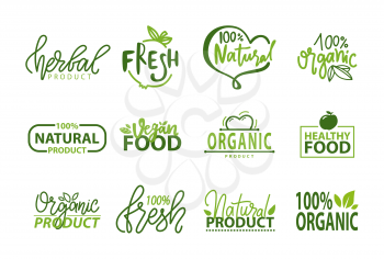 Fresh vegan food label, green poster natural and herbal product, 100 percent organic, healthy product, set of emblem on white, logo for natural food, market sticker vector