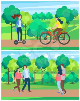 Summer park with trees vector, summertime activities and hobby flat style, lady riding bicycle, teen on gyroscooter, couple in love walking on path