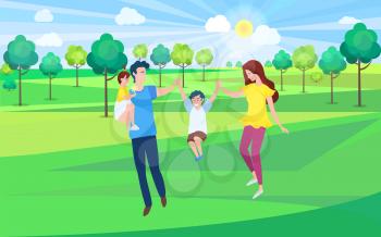 Happy family, mother, father and children walking together in green forest, springtime scenery landscape. Vector cartoon people, mom and dad, daughter and son