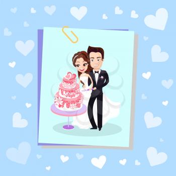Memory card with happy bride and groom cutting holiday cake, photo on clips isolated on blue wall with hearts. Vector newlywed couple on wedding cut pie
