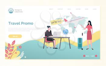 Travel agency, discount fly tickets, woman with bag and worker using laptop, map and plane. Webpage design and creative, holiday or vacation vector