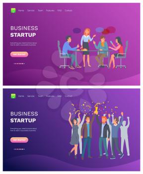Business startup vector, boss with employees brainstorming on new project, people celebrating achievements and luck in project, winners set. Website or webpage template, landing page flat style
