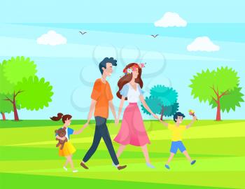 Parents and children spend time outdoors. Happy family, mother, father and kids walking together in city park, springtime scenery landscape, bench and trees. Flat cartoon