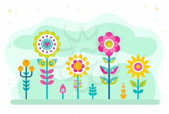 Summer blossom vector, flourishing flowers with stables and foliage. Nature in spring, diversity of flora and decoration, natural greenery and frondage. Flat cartoon