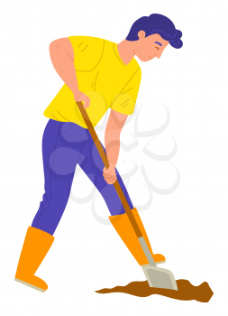 Man digging soil, agricultural work, worker wearing boots standing outdoor. Person holding shovel, gardening season, male with spade, cultivate vector. Flat cartoon