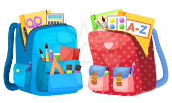 Colored school backpack. Education and study back to school, schoolbag luggage, rucksack vector illustration. Kids school bag with education equipment. Backpacks with study supplies. Student satchels